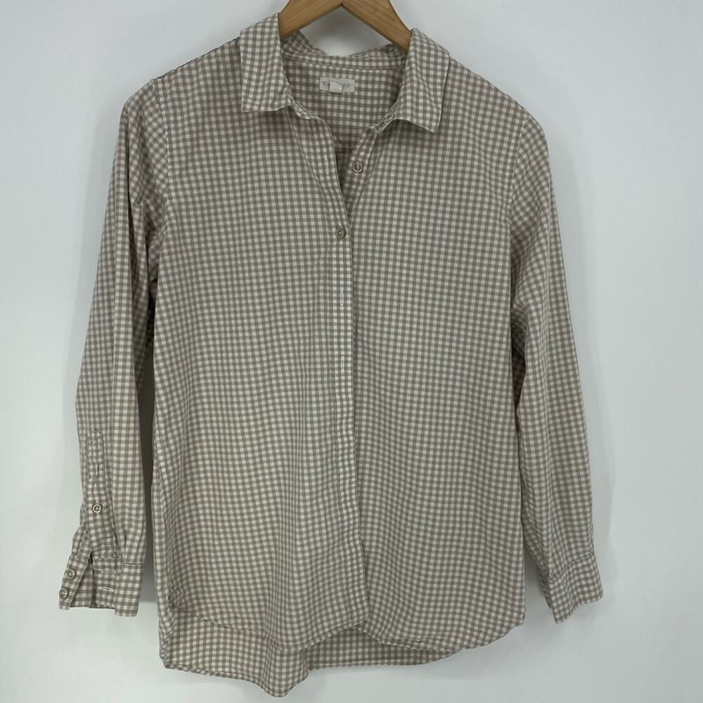 Garnet Hill Tan Checked Plaid Button Gingham Up Blouse Size 8